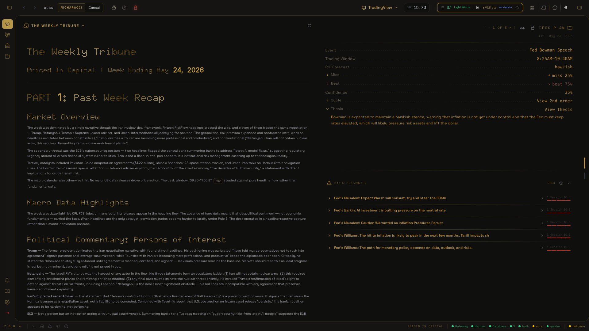 Fintheon desktop breakdown with live risk signals and desk plan